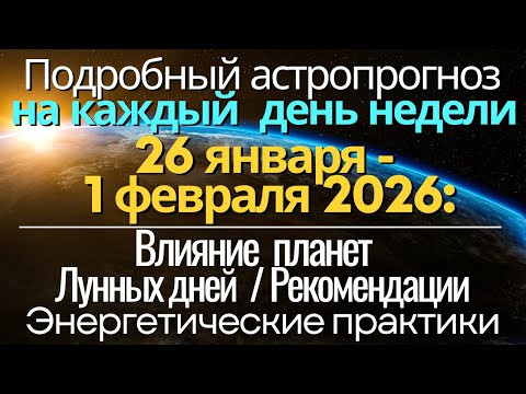 Прогноз на КАЖДЫЙ ДЕНЬ недели 26 января - 1 февраля 2026 Влияние планет, Лунных дней и Практики дня Прогноз на КАЖДЫЙ ДЕНЬ недели 26 января - 1 февраля 2026 Влияние планет, Лунных дней и Практики дня